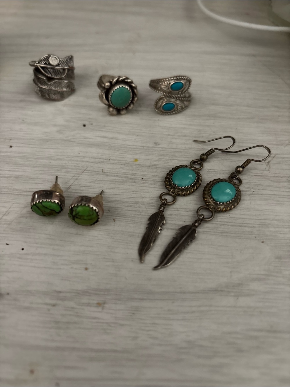 Turquoise and Green Stone Boho Earrings and Rings Set